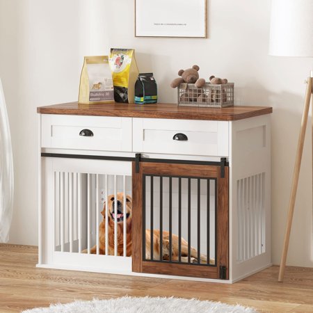 Wellynap 44.5" Dog Kennel, Wooden Dog Crate with Sliding Barn Door and 2 Drawers for Small/Medium/Large Dogs - White