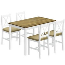 Wellynap 5-Piece Dining Table Set, 42.5" Pine Wood Table & 4 PU Upholstered Chairs, Gray Green