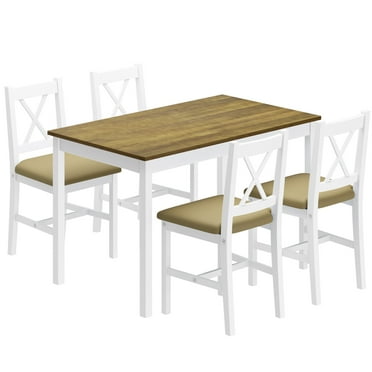 Wellynap 5-Piece Dining Table Set, 42.5" Pine Wood Table & 4 PU Upholstered Chairs, Gray Green