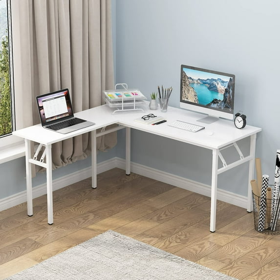 Wellynap 55" Folding L-Shaped Computer Desk, Large Corner Desk for Home & Office for Adults - White