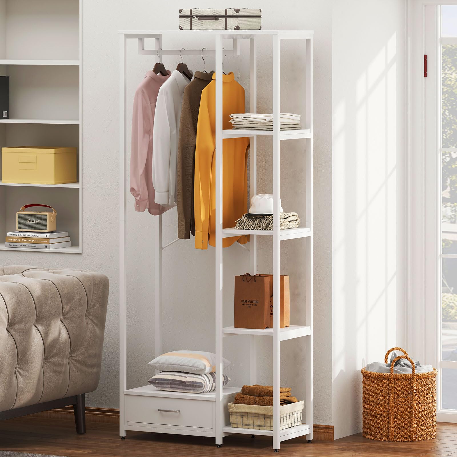 Wellynap Free Standing Clothing Rack, 31.5"L*71"H Closet Organizer with 4Tier Storage Shelf