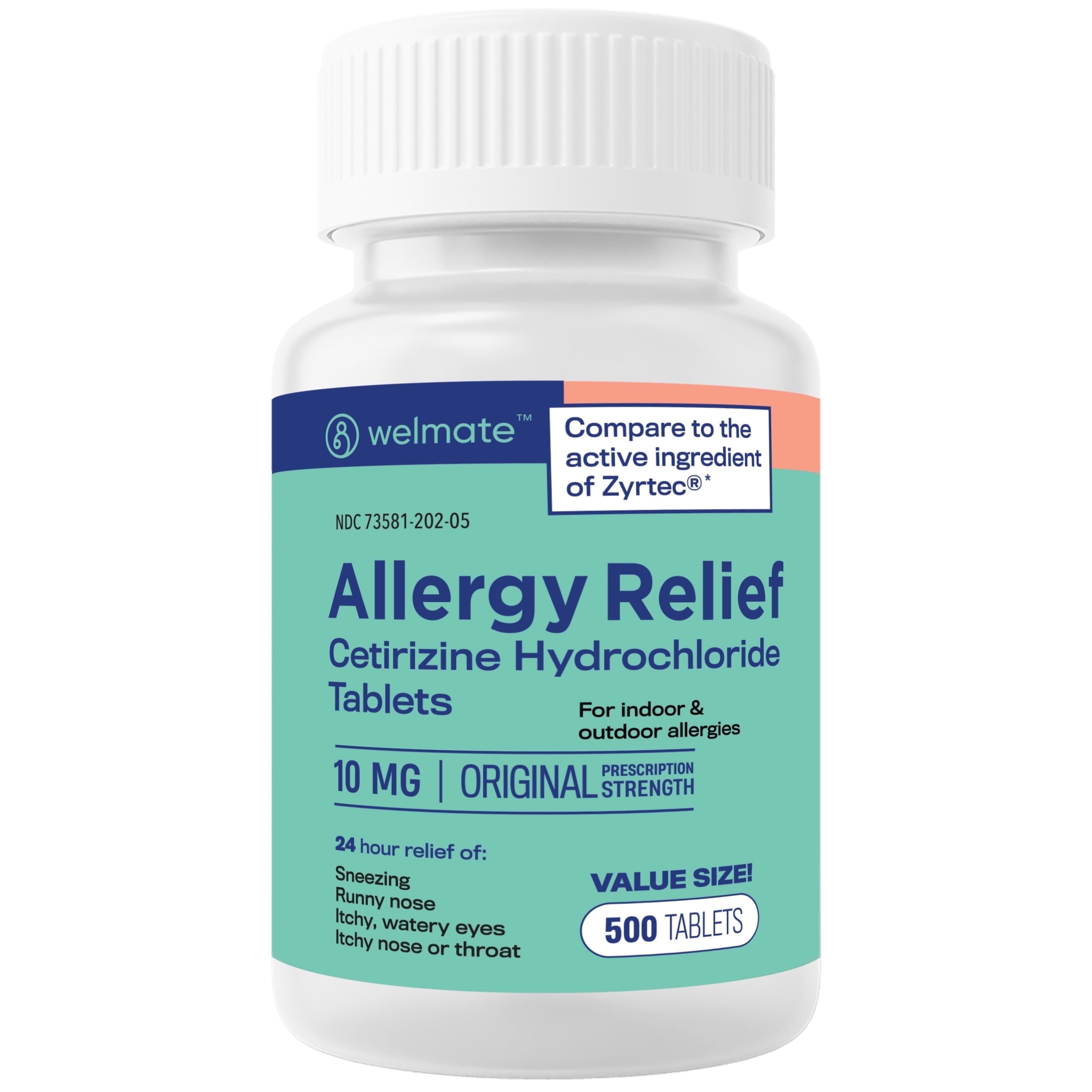 Welmate Allergy Relief Cetirizine HCl 10 mg Tablets for Allergy, 500 Count