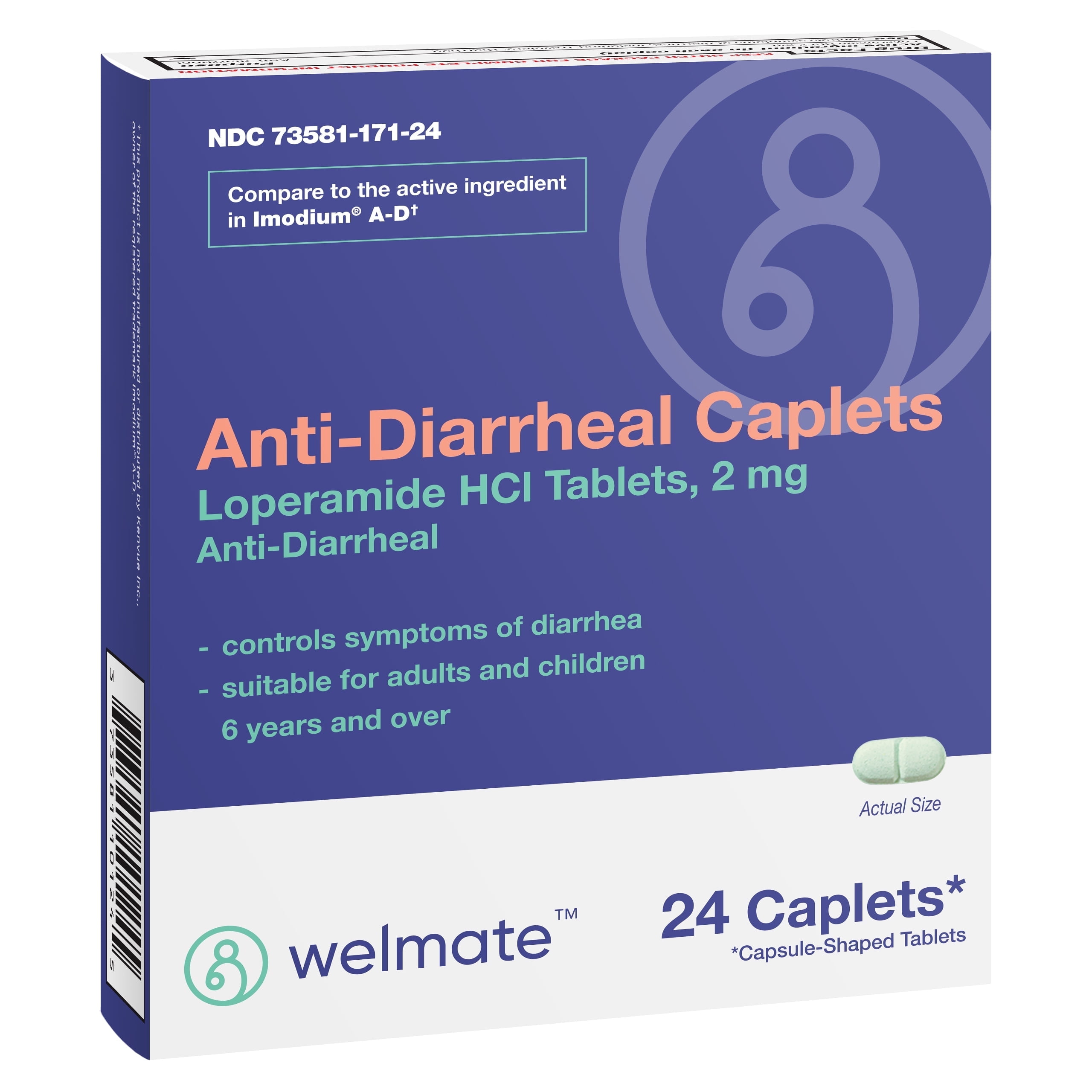 Welmate Anti-Diarrheal Loperamide HCl 2mg Upset Stomach & Diarrhea Relief 24 Caplets