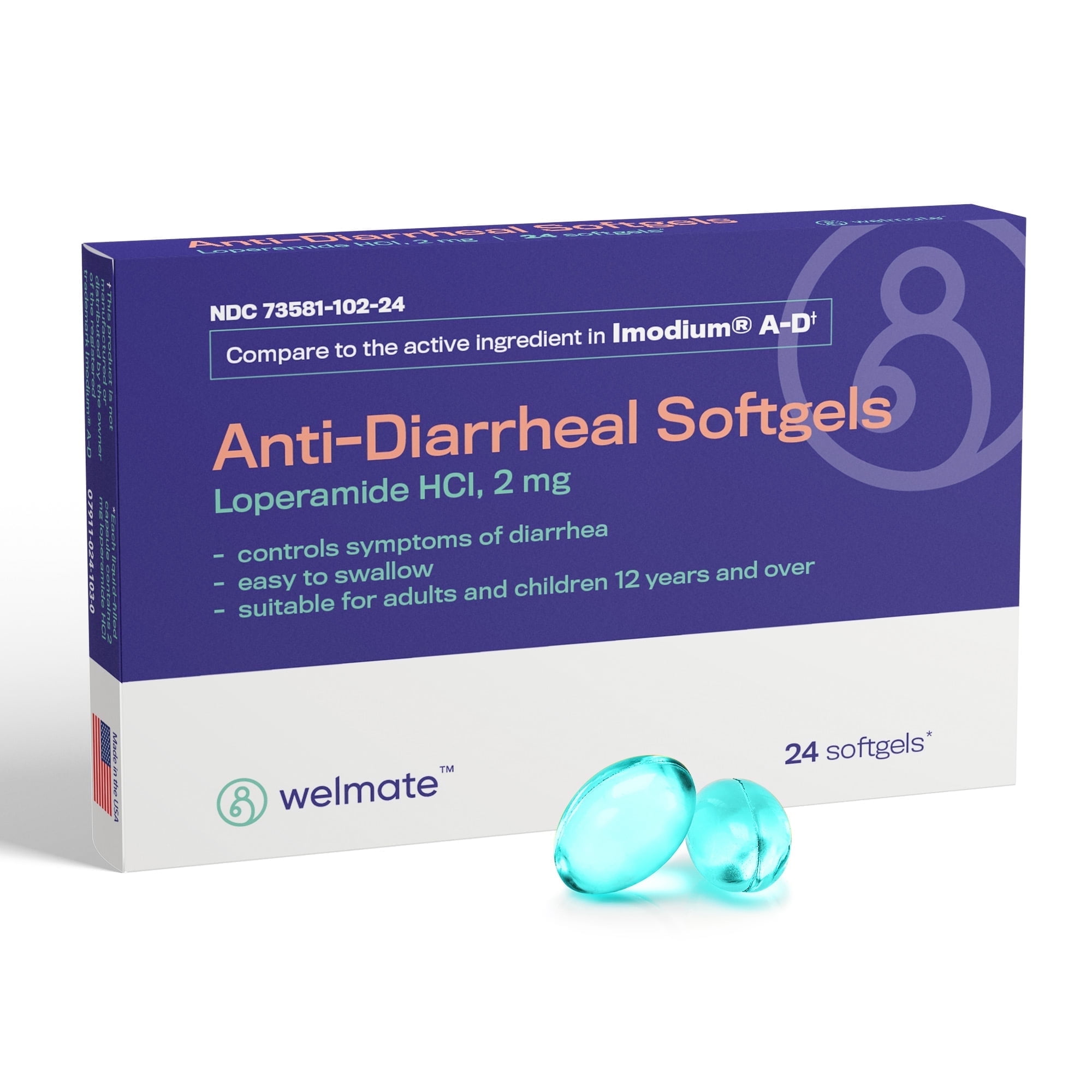Welmate Anti-Diarrheal Sotfgels | Loperamide HCL, 2 mg | 24 Count Blister Pack
