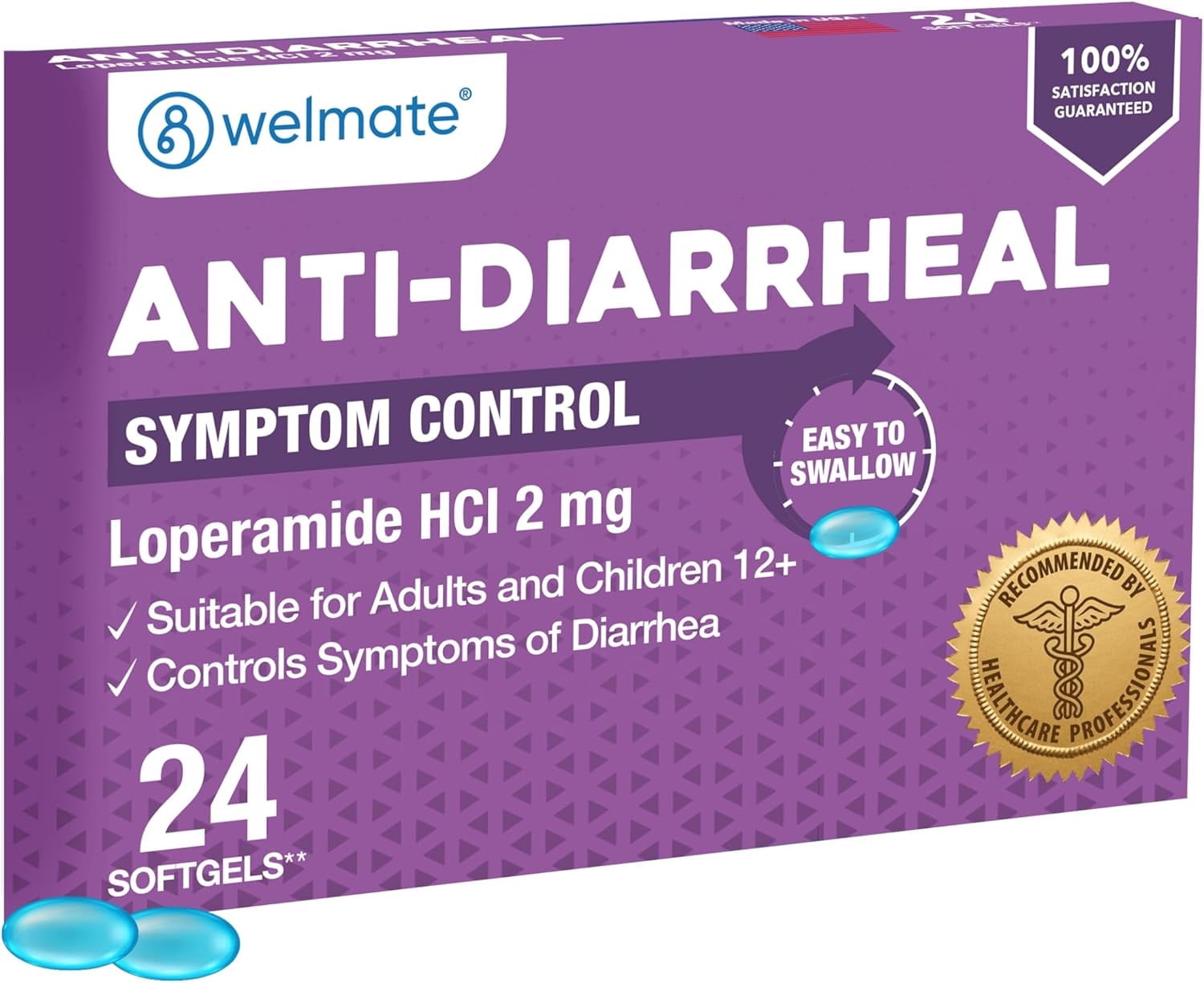 WELMATE Anti Diarrheal Softgels, Loperamide 2mg, Diarrhea Relief Medicine  24 Count, Fast Relief