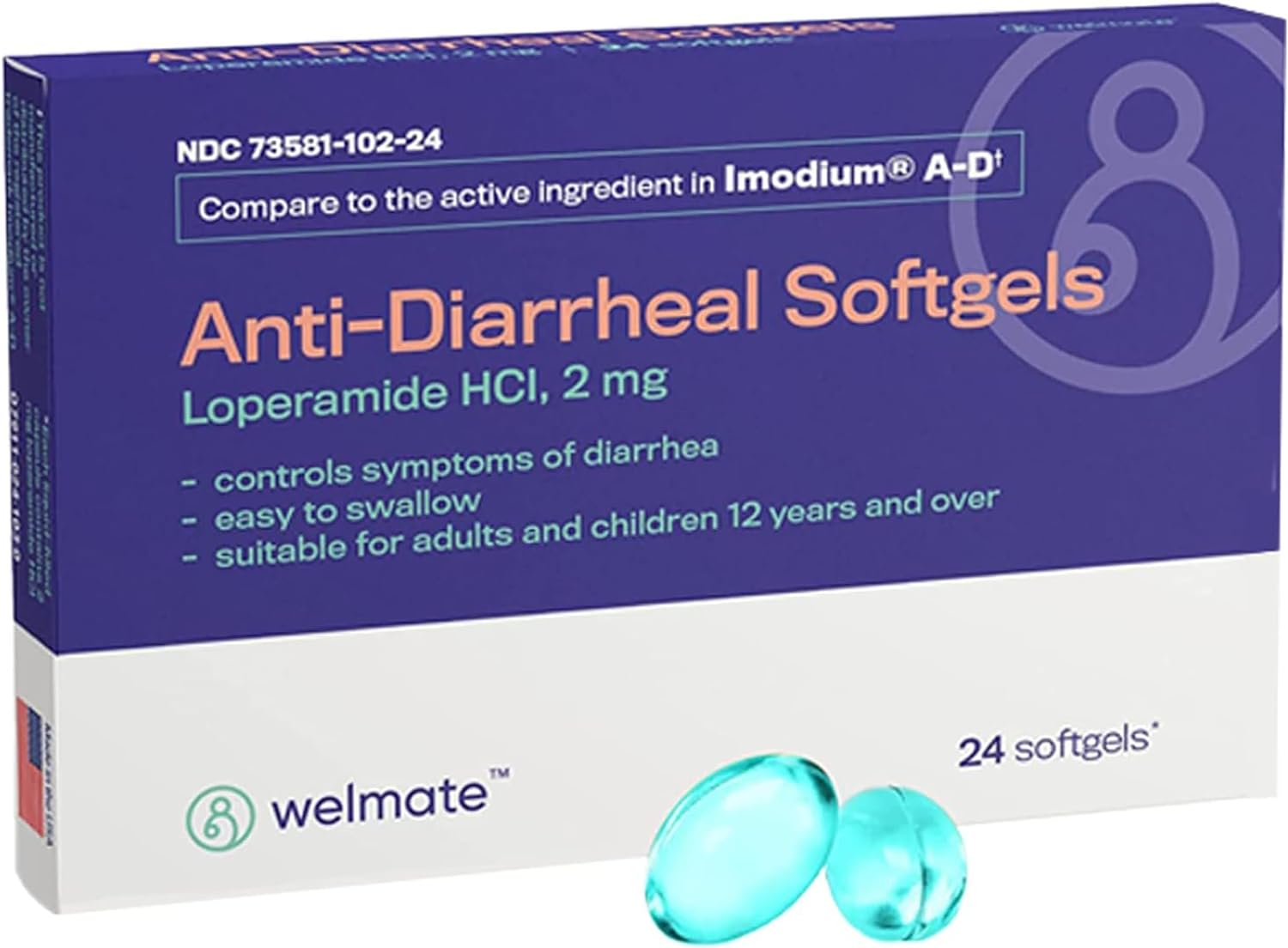 Welmate Anti-Diarrheal Sotfgels - Loperamide HCL 2 mg - Diarrhea Relief - 24 Count Blister Pack - image 1 of 6