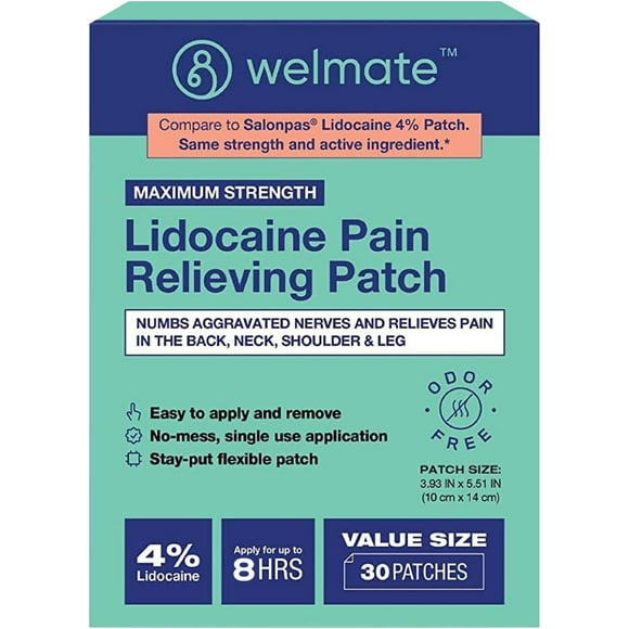 Welmate Lidocaine 4% Pain Relieving Patch - Neck, Shoulder, Back Pain Relief - 30 Count