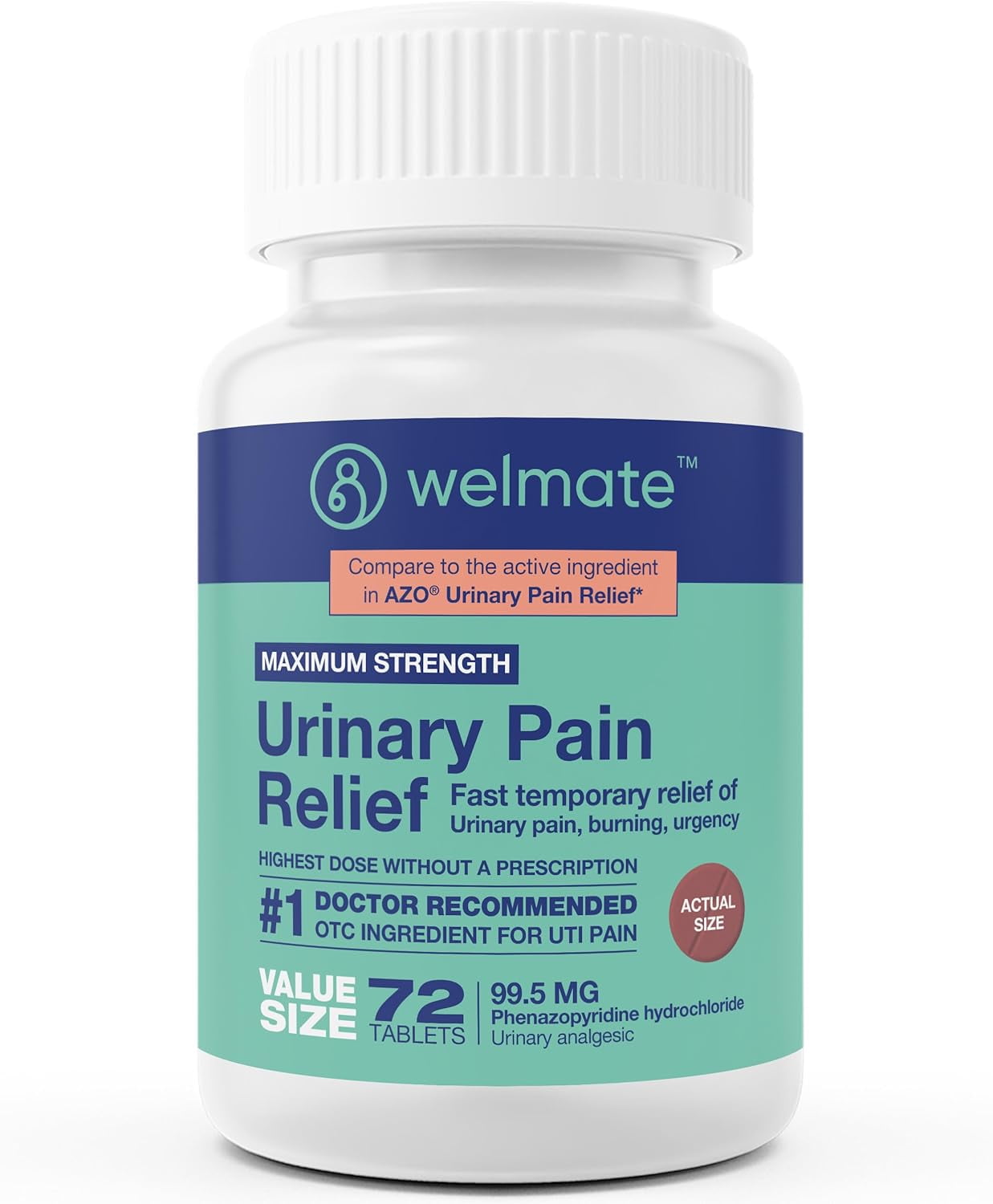 Welmate Urinary Pain Relief Phenazopyridine Hcl 99.5 mg OTC UTI Medicine USA Made 72