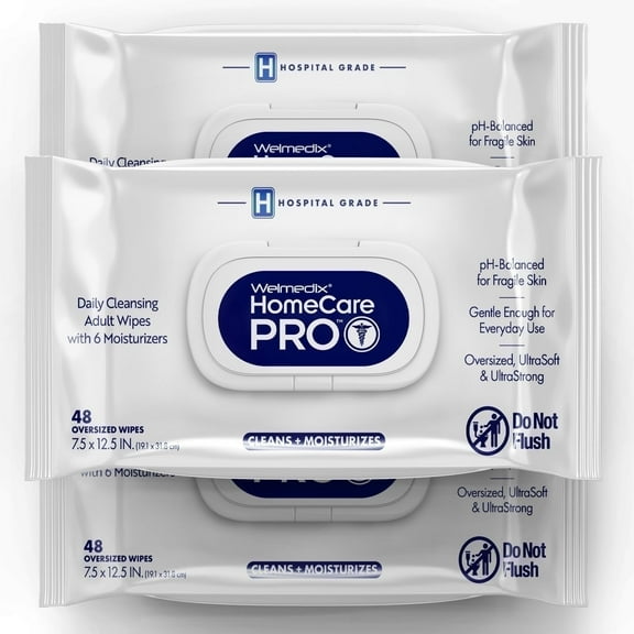 Welmedix HomeCare Pro Oversized Daily Cleansing Adult Wipes Infused w/6 Moisturizers, Wet Cleansing, Hospital Grade, Rinse Free Bathing Washcloths for Women, Men & Elderly - 48 Count XL (3 Pack)