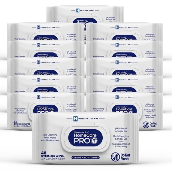 Welmedix HomeCare Pro Oversized Daily Cleansing Adult Wipes Infused w/6 Moisturizers, Wet Cleansing, Hospital Grade, Rinse Free Bathing Washcloths for Women, Men & Elderly - 48 Count XL (12 Pack)