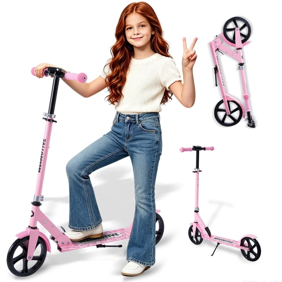 Welmotive Scooter for Kids Ages 6+, Teens & Adults, Lightweight Kick Scooter 3 Adjustable Height And Rear Brake, Big Wheel Foldable ABEC9 Bearings(Pink)