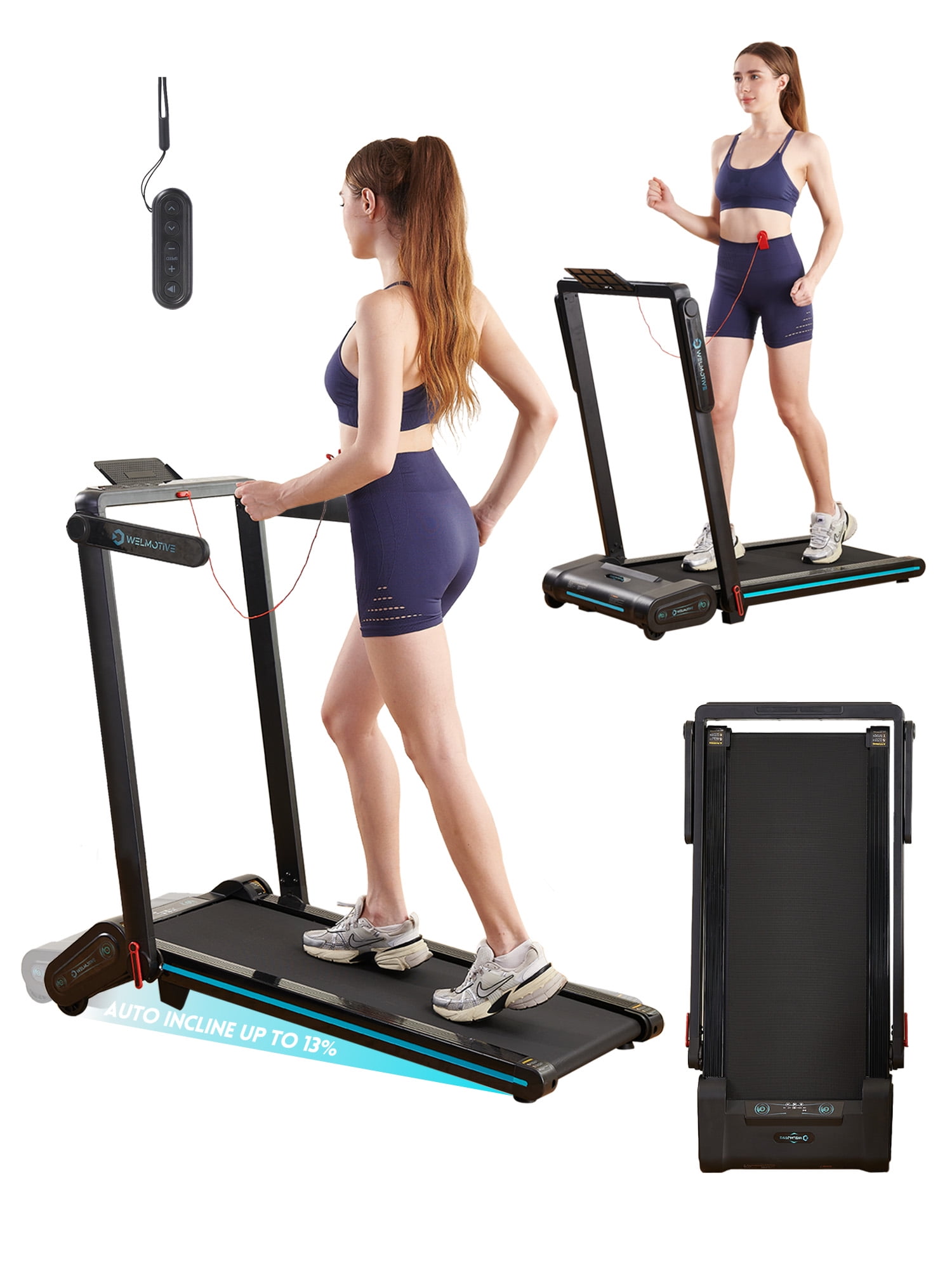 Welmotive Treadmill with Auto Incline Walking Pad Underdesk Foldable with Handlebar for Home Office Potable Compact Running Machine Caminadora Up to 13% 6 Levels Remote Control Indoor Fitness Black