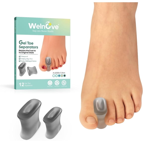 Welnove 12-Pack Gel Toe Separators – Bunion Pads – Toe Spacers for Straightening Overlapping Toes for Men and Women - Transparent Black