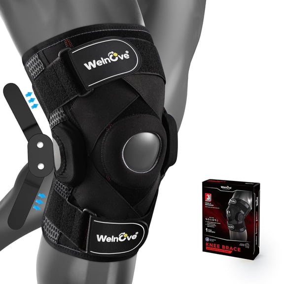 Welnove 1Pcs Knee Brace Support Compression Cross Straps Removable Metal Hinges Meniscus Tear ACL MCL Arthritis,M Size, Black