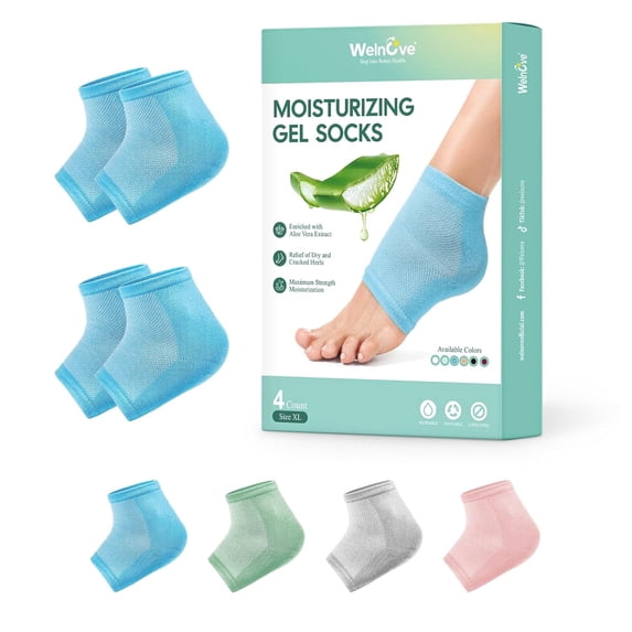 Welnove 2 Pairs Moisturizing Heel Socks - Aloe Vera Gel for Dry, Cracked Heels Repair Treatment - Cotton Foot Care Socks For Women, Men - Blue, Extra Large