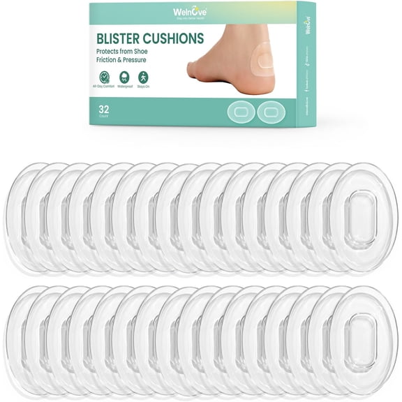 Welnove 32ct Hydrogel Blister Cushions, Water-Resistant Blister Bandages for Feet & Heels, Prevents Shoe Friction & Rubbing, for Women & Men