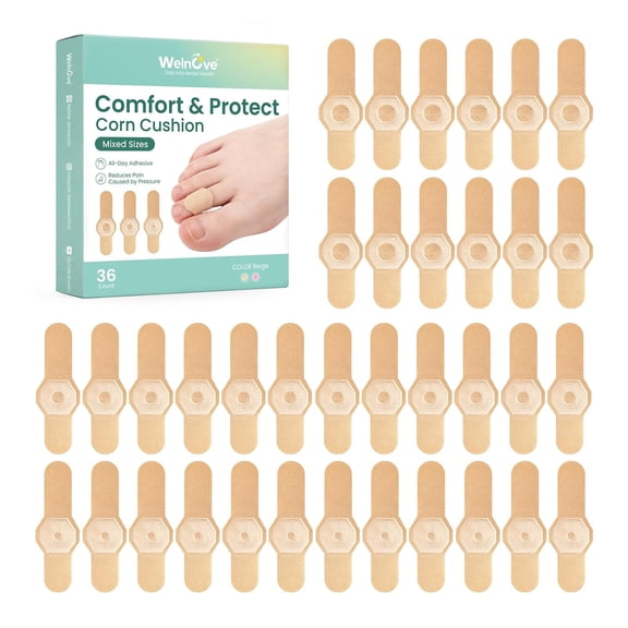 Welnove 36 Count Corn Bandages for Toes Beige Mixed Sizes All Day Adhesive Pain Relief for Feet