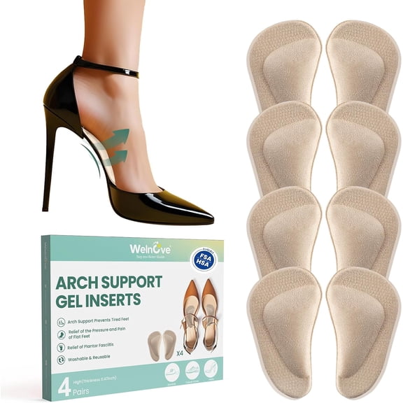 Welnove 4 Pairs Arch Support Shoe Insoles for Flat Feet, Gel Arch Inserts for Plantar Fasciitis, Adhesive Arch Pad for Relieve Pressure and Feet Pain