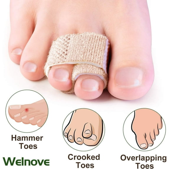 Welnove 6Pcs Hammer Toe Straightener Splints Cushioned Toe Wraps Cushioned Bandages Correct Bent Curled Overlapping Toes ,Beige