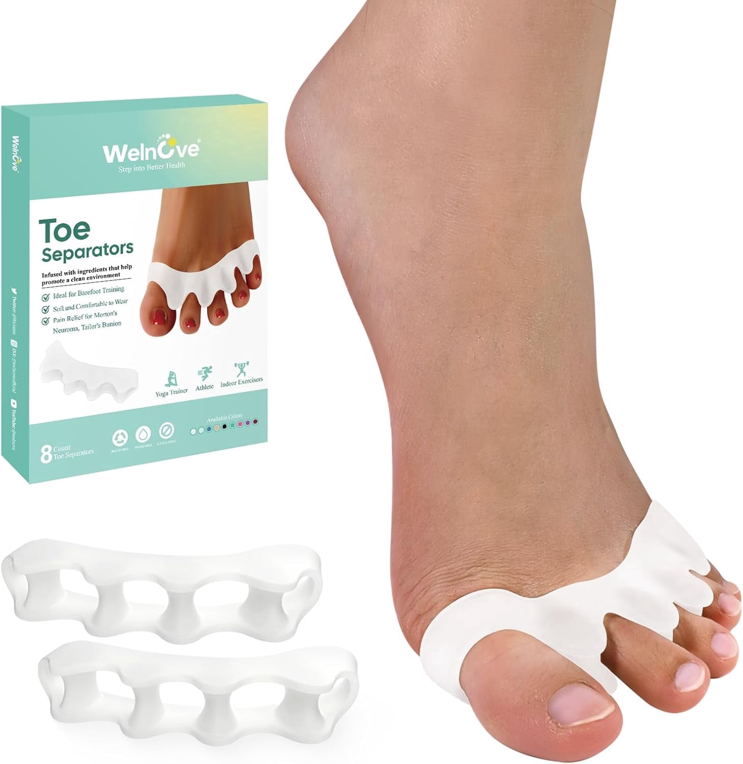 Welnove 8 Pack Gel Toe Separators, Toe Straightener Corrects Bunions ...