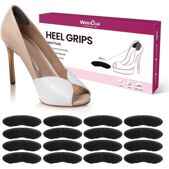 Welnove 8 Pair Heel Grips Liners for Loose Shoes, Heel Protect - Back Shoe Inserts Pads to Prevent Slip, Blisters & Rubbing - Black (Men, Women)