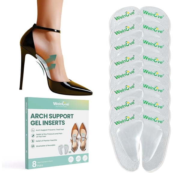 Welnove 8 Pairs Arch Support Shoe Insoles for Flat Feet, Gel Arch Inserts for Plantar Fasciitis, Adhesive Arch Pad for Relieve Pressure and Feet Pain