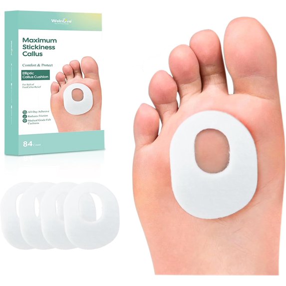 Welnove Callus Pads with Water-Resistant Self-Stick Adhesive - 84 CT Oval Shape Protectors for Foot, Heel & Toes, Reduces Rubbing & Friction, White