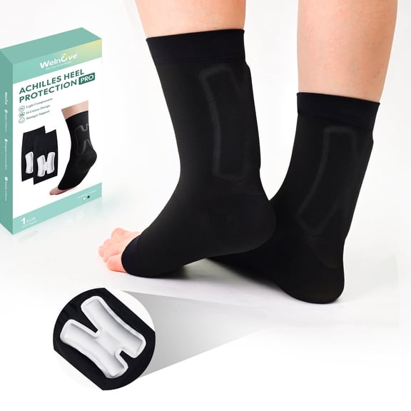 Welnove Achilles Tendonitis Heel Protector Sleeves H-Shape Achilles Tendon Support Compression Gel Padded Sleeve Socks for Cushion of Bursitis, Tendonitis, Tenderness, Dry Cracked - Black