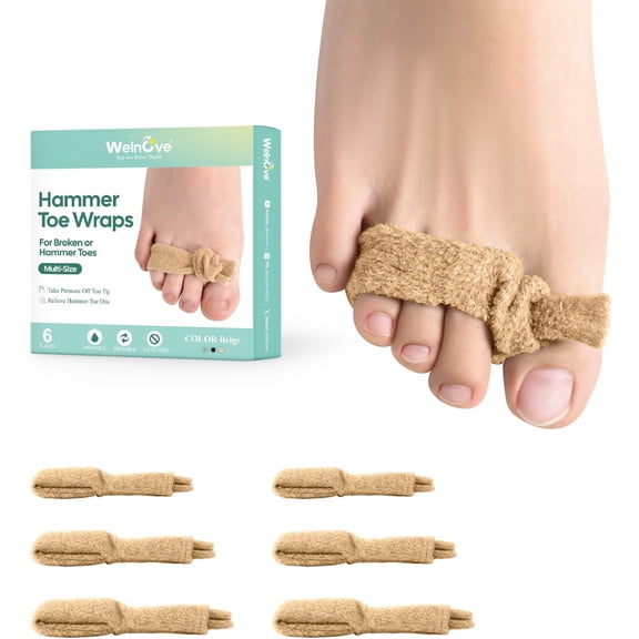 Welnove Adjustable Hammer Toe Wraps - 6 Pack Hammer Toe Straightener & Corrector, Toe Splints for Crooked & Bent Toes, Multi-Size, Yellow