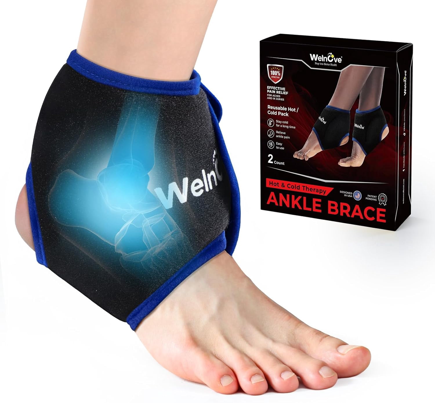 Welnove Ankle Ice Pack Wrap – 2 Pack Reusable Gel Cold Packs for Pain Relief, Heel Injuries, Plantar Fasciitis, Achilles Tendonitis, for Swelling, Sprained Ankles