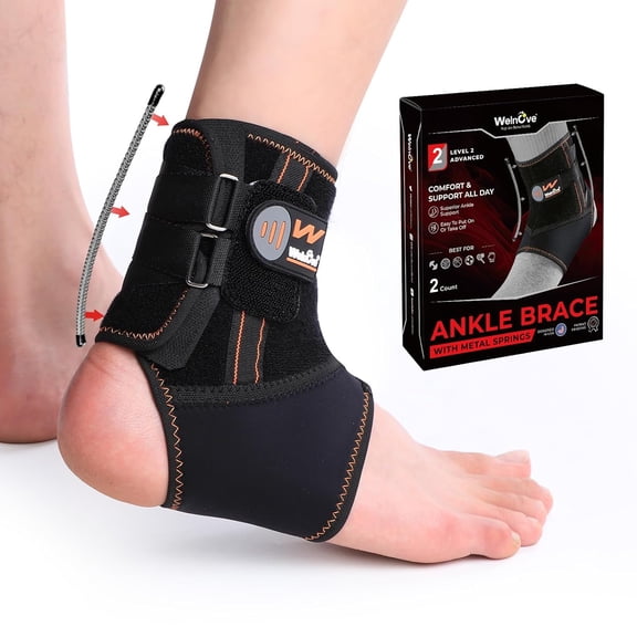 Welnove Ankle Support Brace Stabilizer Adjustable Compression Straps for Women & Men,Size M,Black,2 Pack
