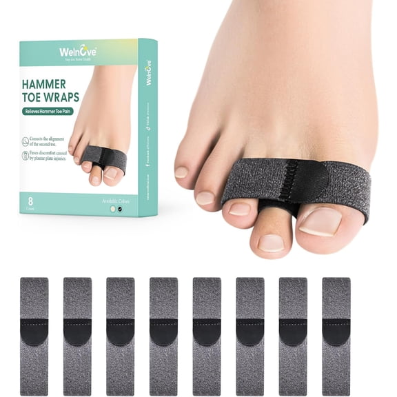 Welnove Broken Toe Wraps - Cushioned Bandages Hammer Toe Separators Splints, Bunion Corrector, Crooked Toes - 8 Pack Dark Gray