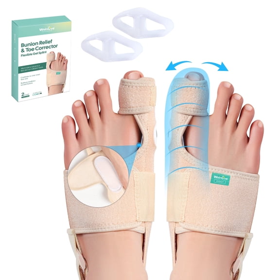 Welnove Bunion Corrector, Orthopedic Bunion Splint, Big Toe Separator Pain Relief, Bunion Correction Toe Straightener with Non-slip Strap, Day Night Support (Beige, 2 Count)