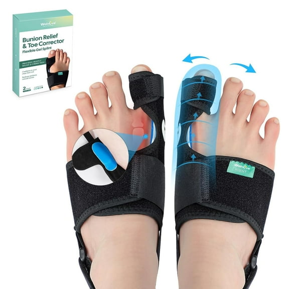 Welnove Bunion Corrector - Orthopedic Bunion Splint - Big Toe Separator Pain Relief for Women & Men - Bunion Correction Toe Straightener with Non-slip Strap, Day Night Support (Black, 2 Count)