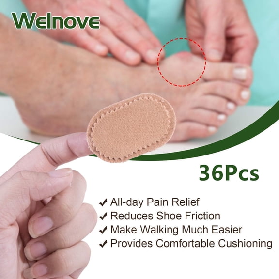 Welnove Bunion Cushions - Fabric Toe & Foot Protector Pads for Reducing Rubbing, Callus, Chafing & Friction - Strong Adhesive, 36 Count