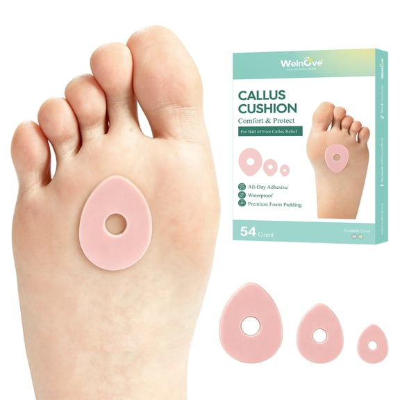 Welnove Corn Callus Cushions - Soft Foam Pads for Toes Feet, Water-Resistant Self-Stick - Reduces Pain Friction - 54 Count, 3 Sizes, Pink