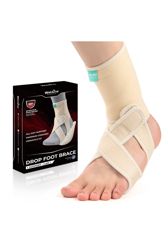 Drop Foot Brace with Arch Support, AFO Ankle Brace for Walking, Relieves Instability of Lower Limbs by Foot Drop, MS, TBI, Spinal Cord Injury, Cerebral Palsy (Left, Beige)