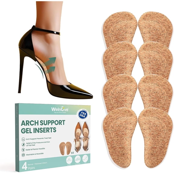 Welnove Gel Arch Support Inserts for Flat Feet, 4 Pair Adhesive Arch Insoles for Plantar Fasciitis & Foot Pain Relief, Fit Most Shoes, Men Women (0.47" Height)