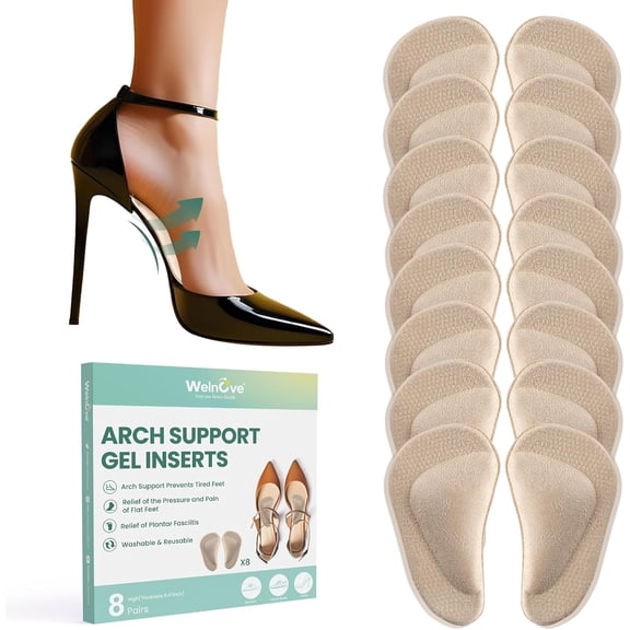 Welnove Gel Arch Support Inserts for Flat Feet, 8 Pair Adhesive Arch Insoles for Plantar Fasciitis & Foot Pain Relief, Fit Most Shoes, Men Women (0.3" Height)