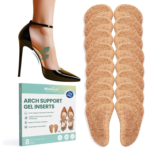Welnove Gel Arch Support Inserts for Flat Feet, 8 Pair Adhesive Arch Insoles for Plantar Fasciitis & Foot Pain Relief, Fit Most Shoes, Men Women (0.47" Height)