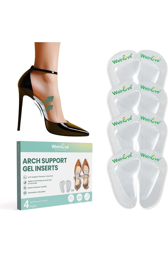 Gel Arch Support Inserts Flat Feet Soft Heel Pads Plantar Fasciitis Gel Arch Support Insoles Relief,4 Pairs Men Women,0.47" Height，Clear