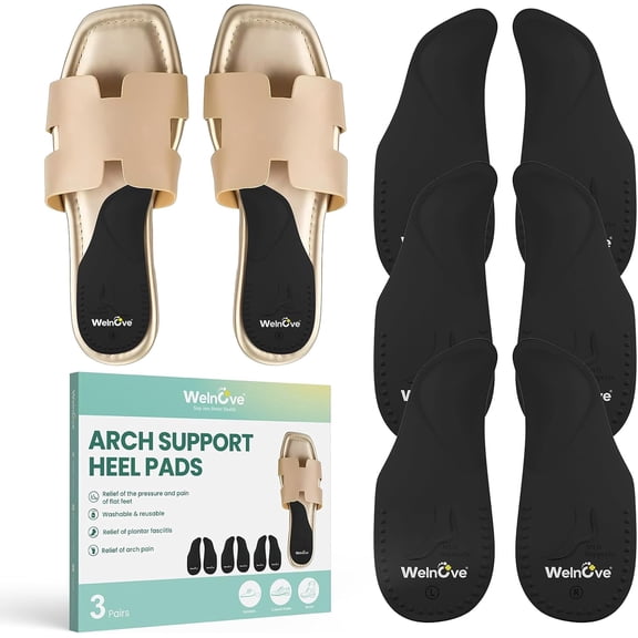 Welnove Gel Arch Supports for Plantar Fasciitis 3 Pairs Self Adhesive Reusable Arch Cushions for Flat Feet & Foot Pain Relief Pressure for Women & Men (S)