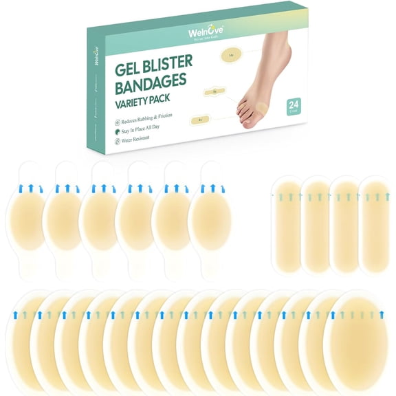 Welnove Gel Blister Bandage Variety Pack 24 PCS, Hydrocolloid Gel Pads for Feet, Reduces Friction, Water Resistant, for New Shoes & Sports