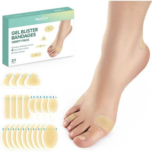 Welnove Gel Blister Bandages Blister Pads - Blister Cushions - Waterproof Hydrocolloid Bandages for Feet, Fingers, Toes, Heel, Moleskin for Blister Prevention (Variety Pack)