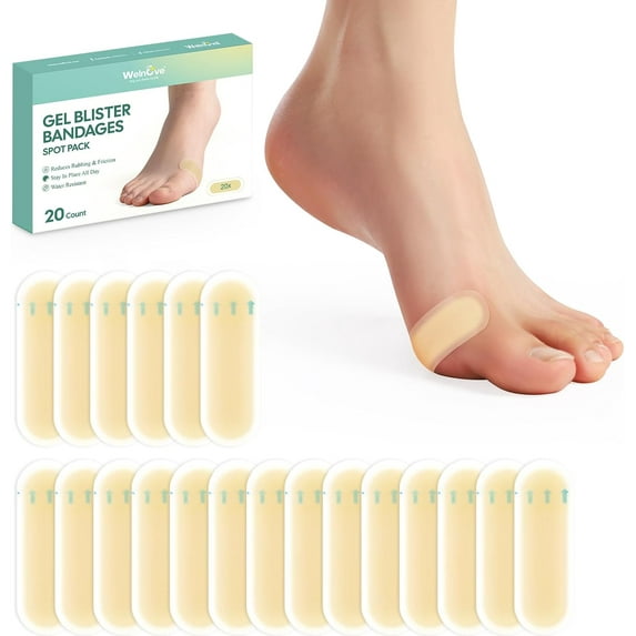 Welnove Gel Blister Bandages Pads Waterproof Hydrocolloid 20ct Blister Cushions Moleskin for Blister Prevention,Bunion Pack,Beige