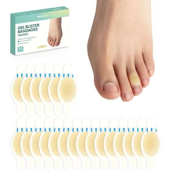 Welnove Gel Blister Bandages for Feet - 21ct Blister Cushion (Toe Pack) for Heel, Toe - Water-Resistant Hydrocolloid Bandages
