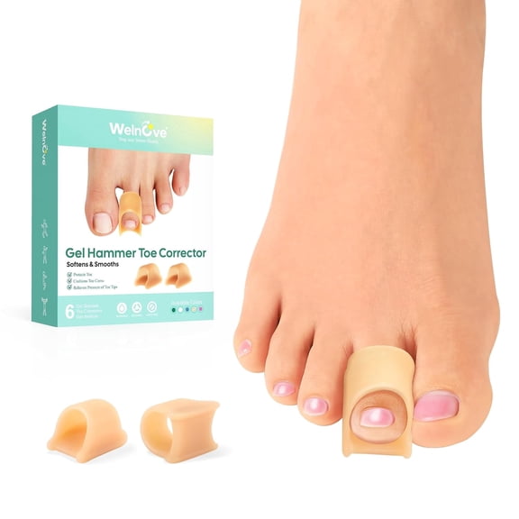 Welnove Gel Hammertoe Corrector Toe Separators - Toe Straighteners for Overlapping Toes, Crooked Toes - Beige, 6 Pack, Medium