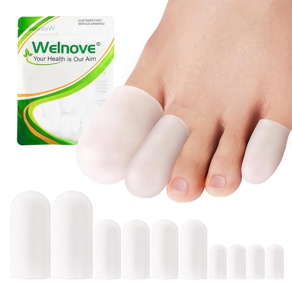 Welnove Gel Toe Caps, 10 Count, Toe Cushions, Toe Protection for Corns, Calluses,Blisters & Toenails (Multi-Size, Clear)