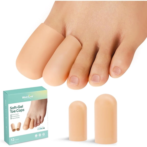 Welnove Gel Toe Caps with Aloe Vera – 12 Pack Silicone Toe Protectors for Pain Relief from Corns, Calluses, Blisters & Ingrown Toenails (4 Large + 8 Medium, Beige)