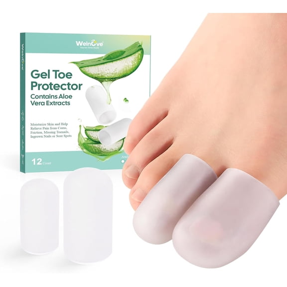 Welnove Gel Toe Caps with Aloe Vera – 12 Pack Silicone Toe Protectors for Pain Relief from Corns, Calluses, Blisters & Ingrown Toenails (4 Large + 8 Medium, Clear)